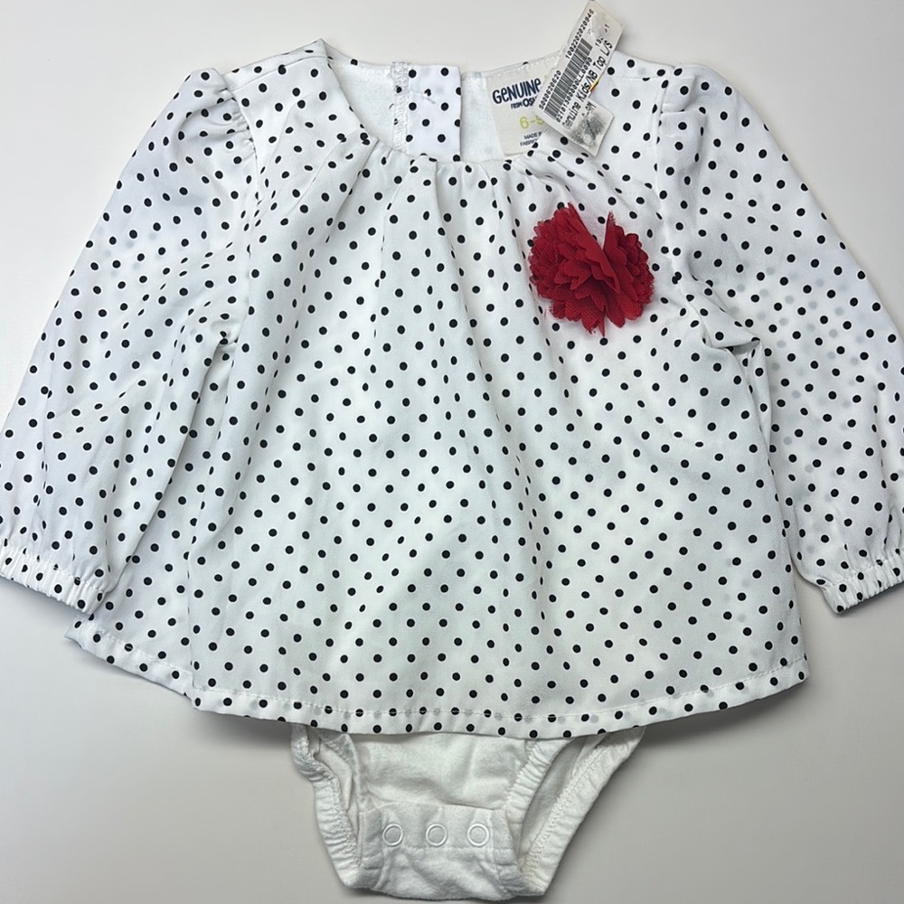 Osh Kosh Polka Dot Baby Bodysuit with Red Flower Accent- 6-9 Month